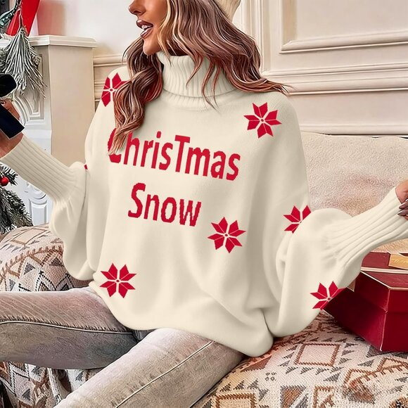 Oversized Christmas Apricot Sweater Women 2025 Merry Turtleneck Batwing Sleeve - Picture 5 of 7